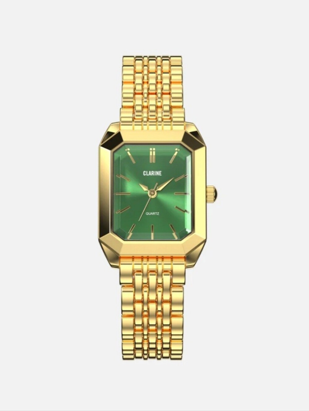 Clarine De Mains Gold 14k Gold Stainless Steel Rectangle Watch with Green Face